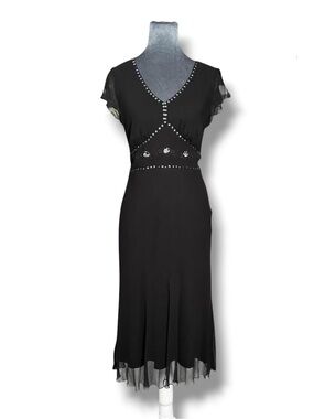100% Silk Chiffon Beaded Embroidered Black Midi Dress 6 HI Studio Y2K Whimsigoth